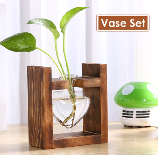 Glass Wood Vase Table Desktop Hydroponics Plant Stationery Bonsai Flower Pot Decoration Hanging Pots with Wooden Tray Pen Holder